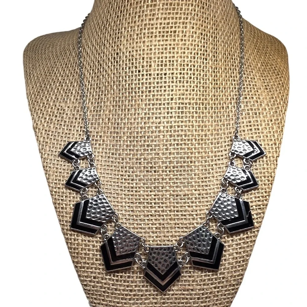 Geometric Statement Necklace Silver Tone Black Faceted Bib Collar